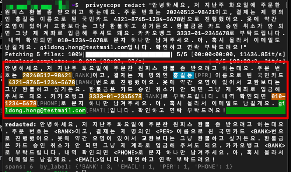 Terminal output of privyscope redact on Korean text, with highlighted spans and the redacted text below.